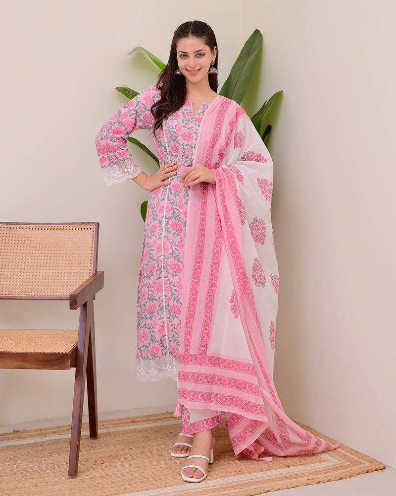 Pink Floral Pakistani Lace A Line Premium Cotton Suit