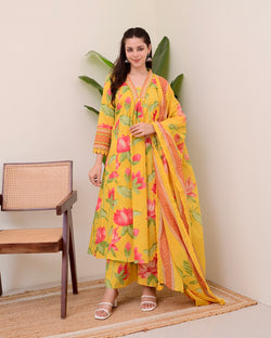 Yellow Lotus Handwork A Line Cotton Suit