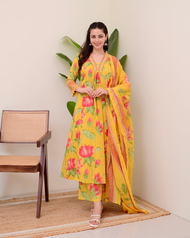 Yellow Lotus Handwork A Line Cotton Suit