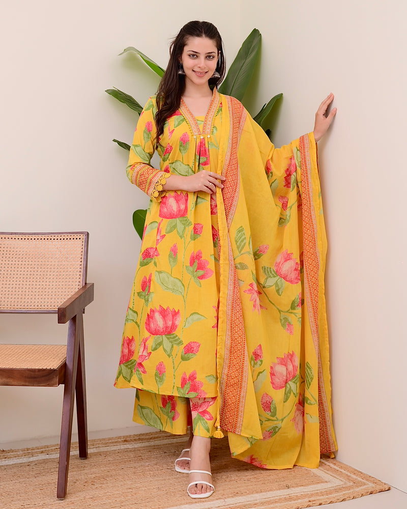 Yellow Lotus Handwork A Line Cotton Suit
