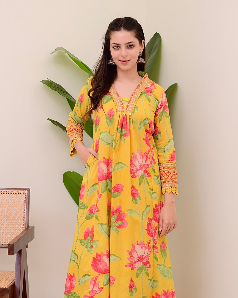 Yellow Lotus Handwork A Line Cotton Suit