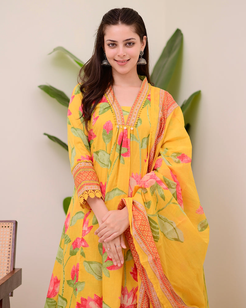 Yellow Lotus Handwork A Line Cotton Suit