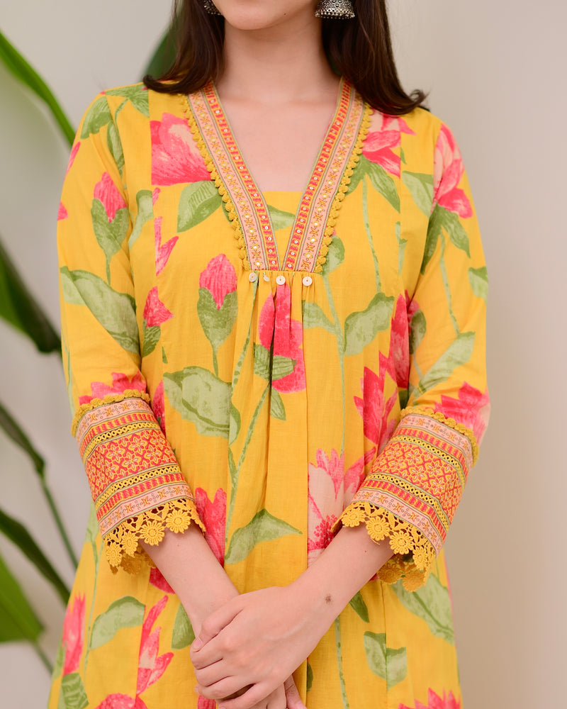 Yellow Lotus Handwork A Line Cotton Suit