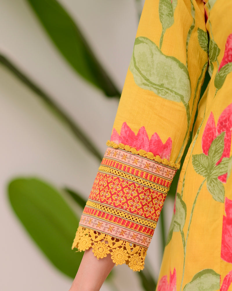 Yellow Lotus Handwork A Line Cotton Suit