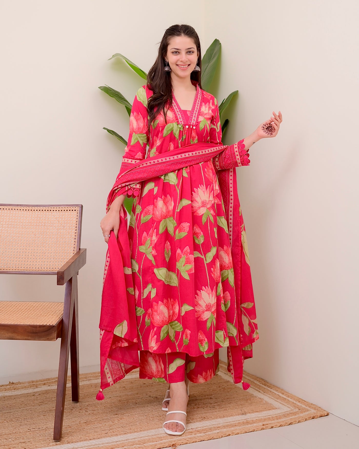Pink Lotus Handwork A Line Cotton Suit