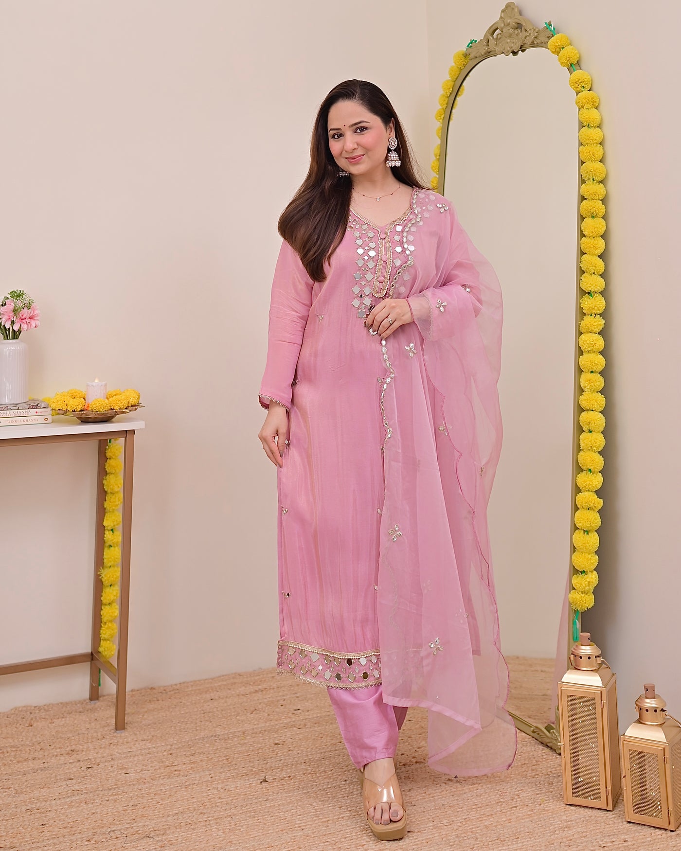 Rose Pink Mirror Muse Shimmer Tissue Suit