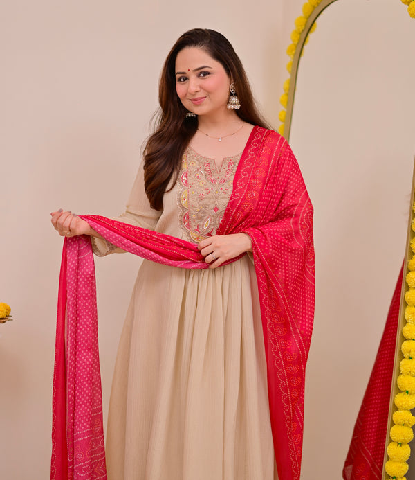 Ivory Red Handwork Shimmer Crush Festive Anarkali Suit