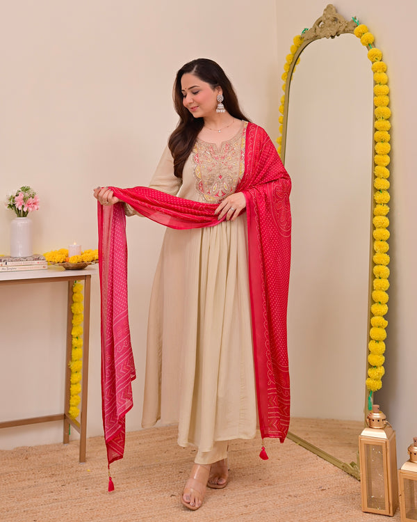 Ivory Red Handwork Shimmer Crush Festive Anarkali Suit