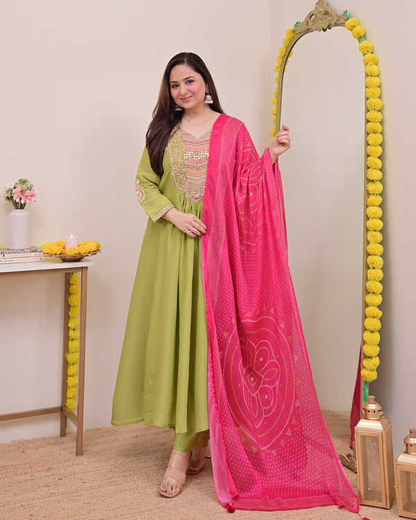 Green Rani Handwork Shimmer Crush Festive Anarkali Suit