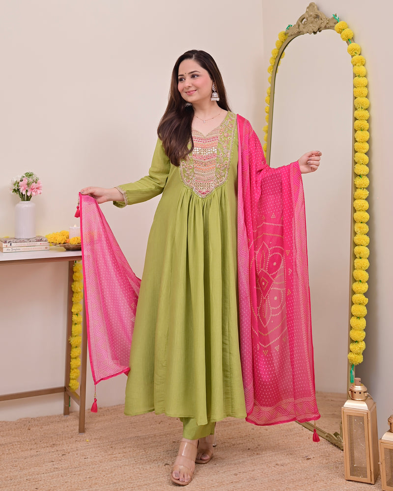 Green Rani Handwork Shimmer Crush Festive Anarkali Suit