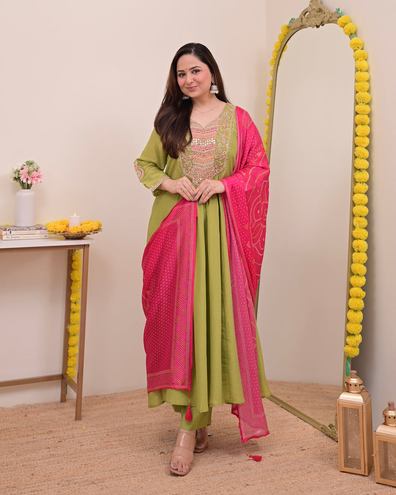 Green Rani Handwork Shimmer Crush Festive Anarkali Suit