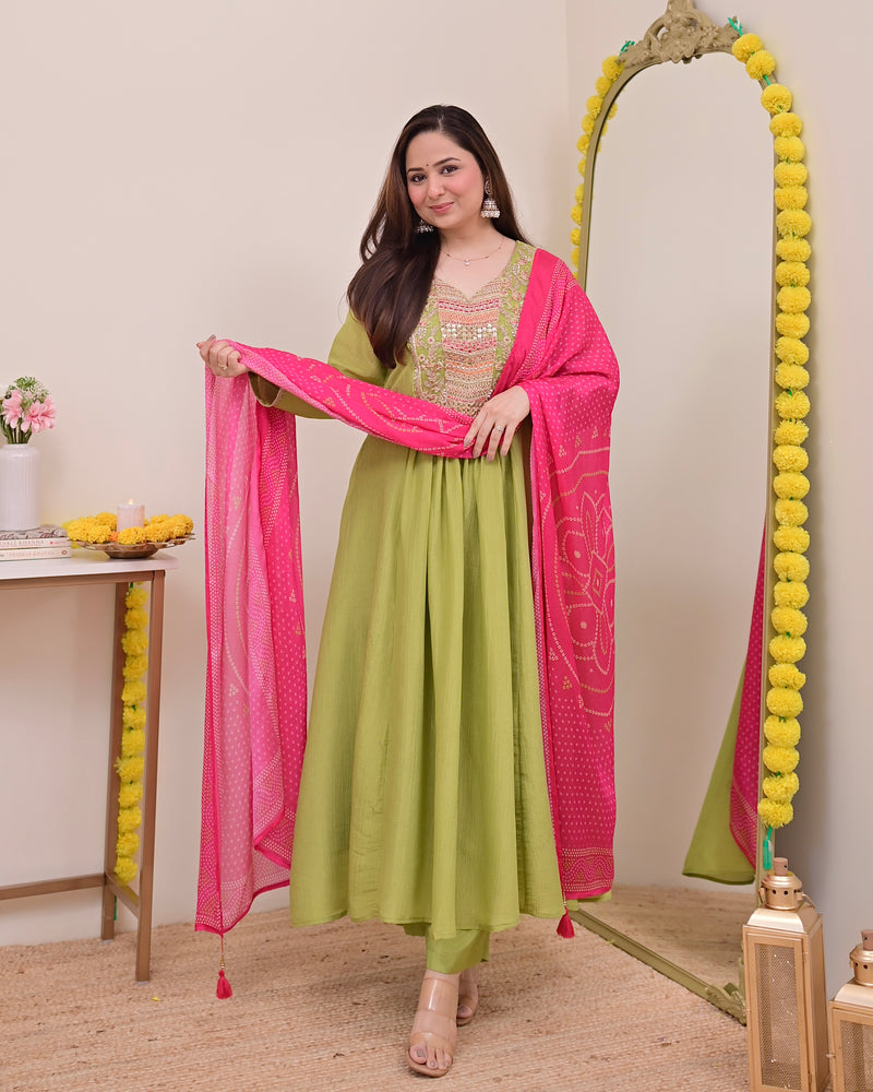 Green Rani Handwork Shimmer Crush Festive Anarkali Suit