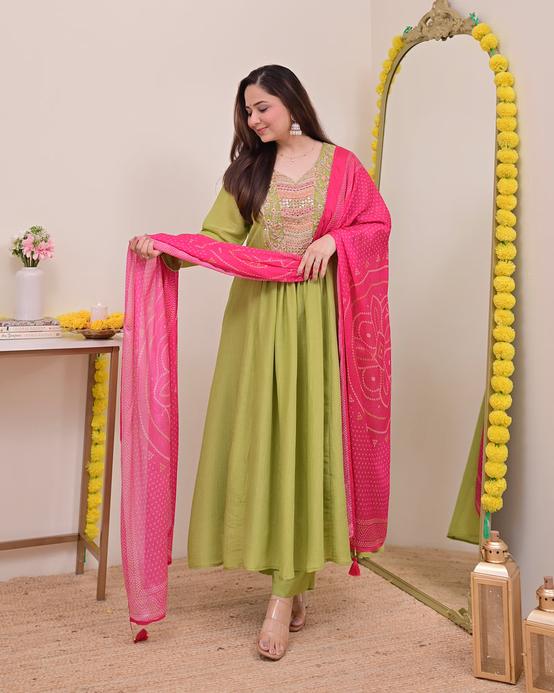 Green Rani Handwork Shimmer Crush Festive Anarkali Suit