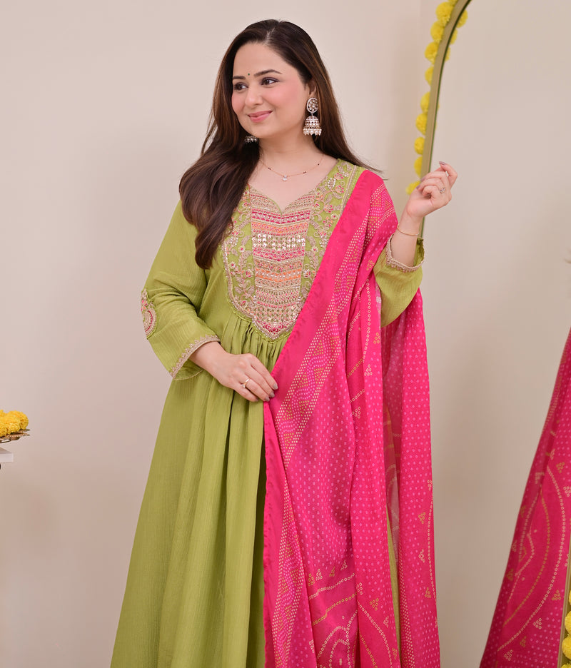 Green Rani Handwork Shimmer Crush Festive Anarkali Suit