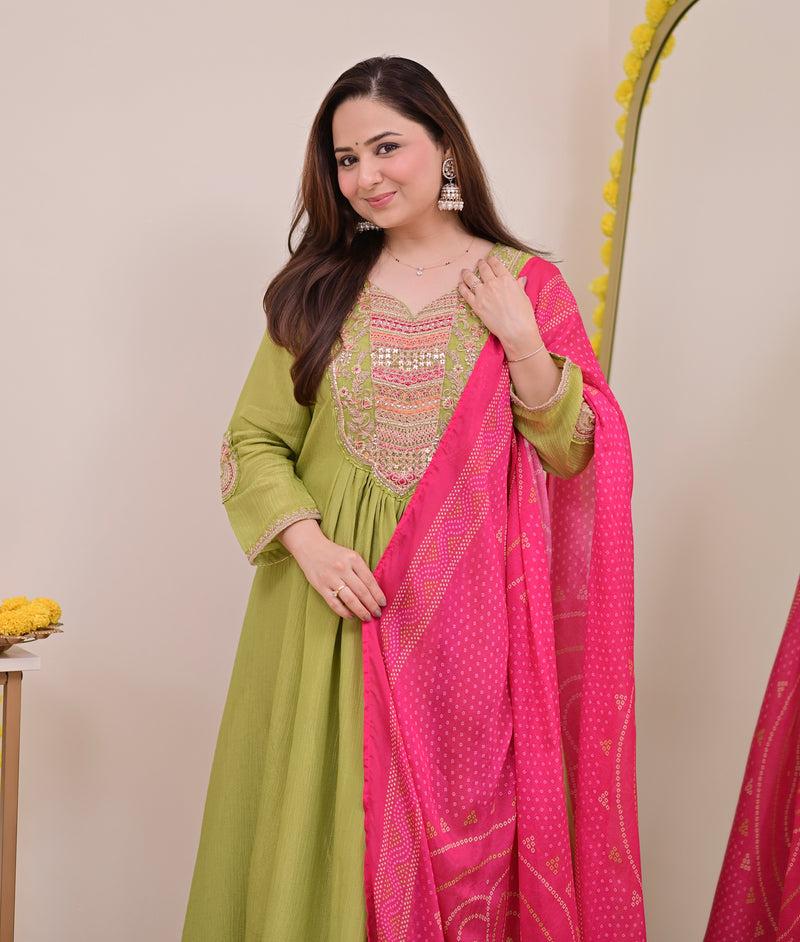 Green Rani Handwork Shimmer Crush Festive Anarkali Suit