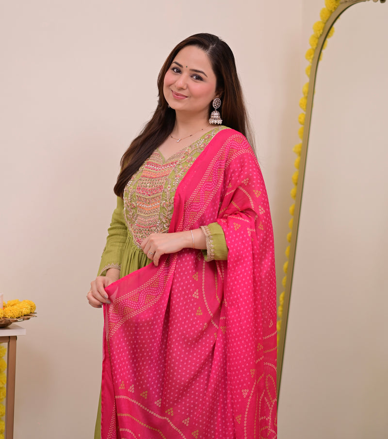 Green Rani Handwork Shimmer Crush Festive Anarkali Suit