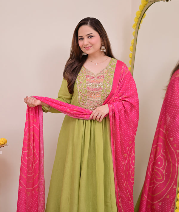 Green Rani Handwork Shimmer Crush Festive Anarkali Suit