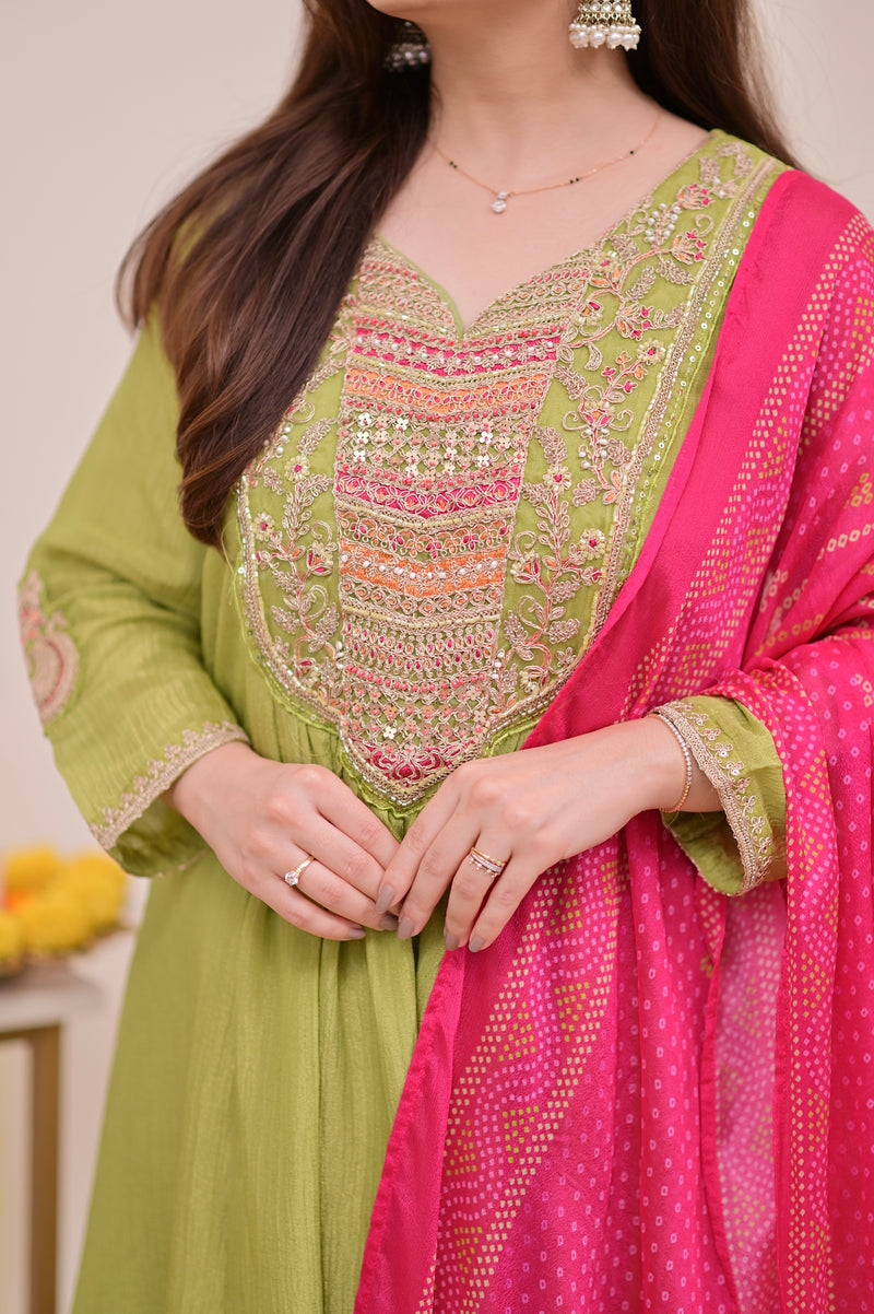Green Rani Handwork Shimmer Crush Festive Anarkali Suit