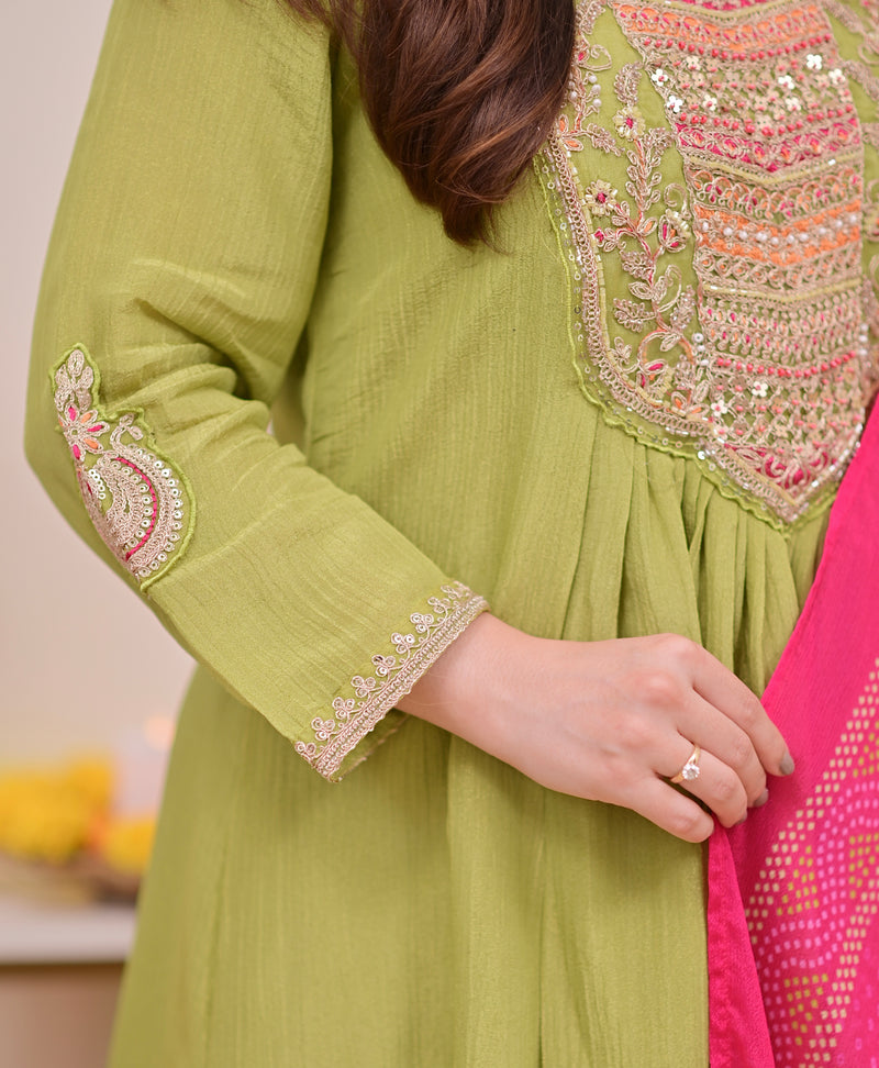 Green Rani Handwork Shimmer Crush Festive Anarkali Suit