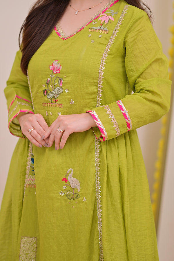 Greenish Yellow Gulzaar A Line Handwork Mul Chanderi Suit