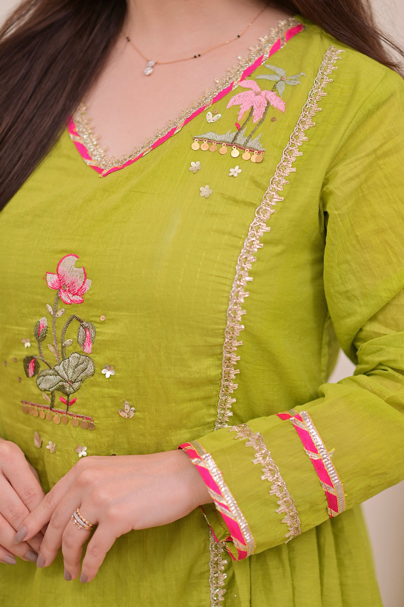 Greenish Yellow Gulzaar A Line Handwork Mul Chanderi Suit