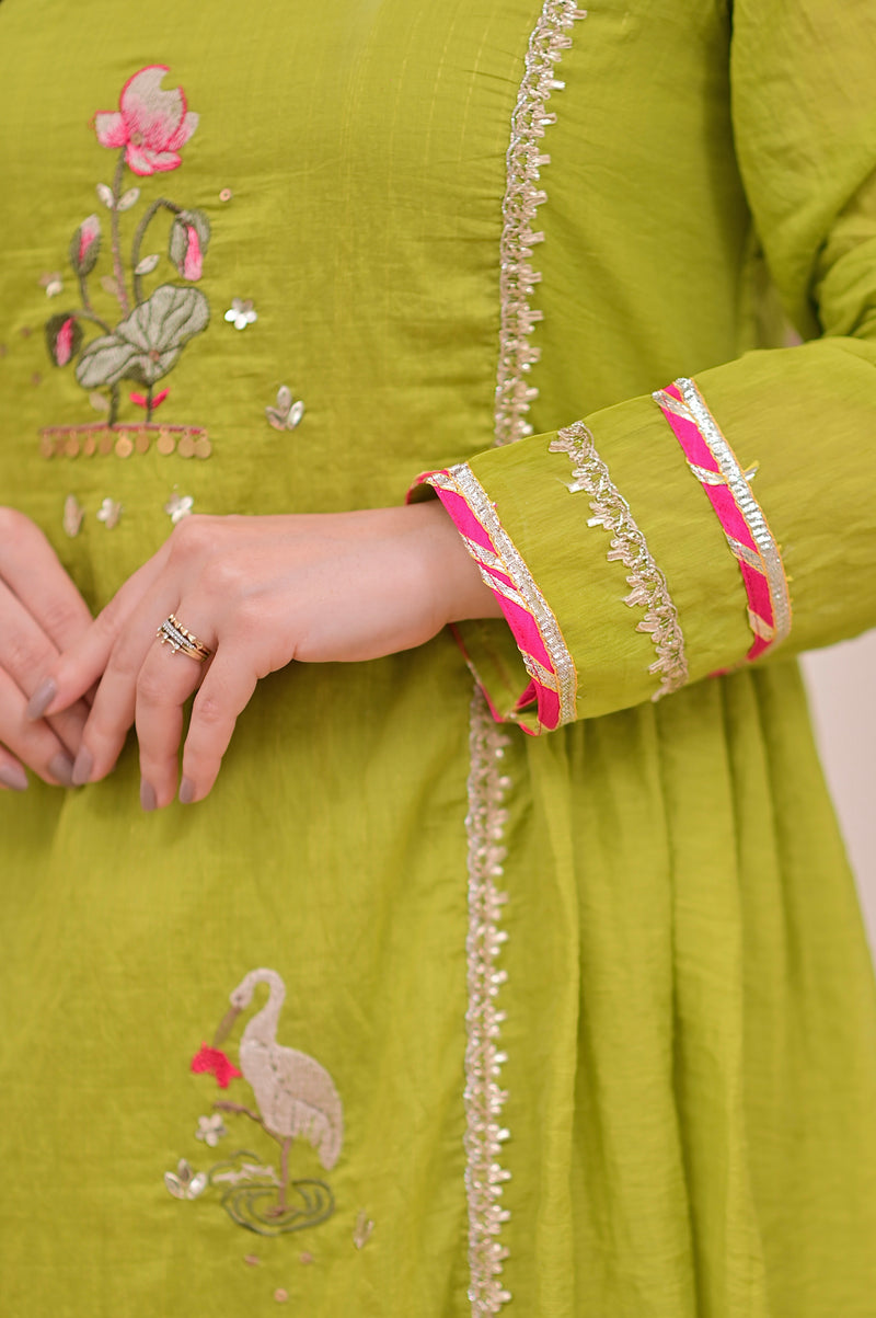 Greenish Yellow Gulzaar A Line Handwork Mul Chanderi Suit