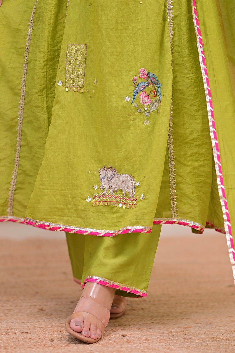 Greenish Yellow Gulzaar A Line Handwork Mul Chanderi Suit