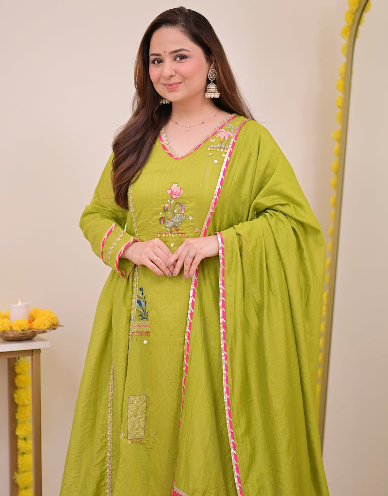 Greenish Yellow Gulzaar A Line Handwork Mul Chanderi Suit