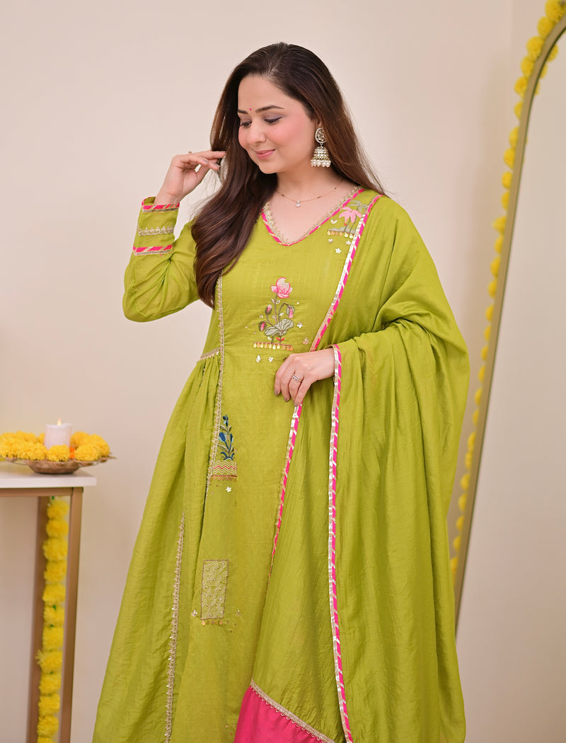 Greenish Yellow Gulzaar A Line Handwork Mul Chanderi Suit