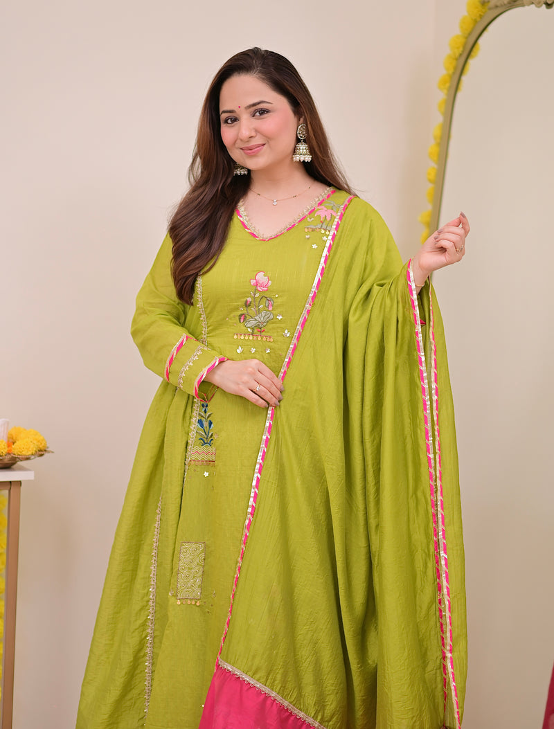 Greenish Yellow Gulzaar A Line Handwork Mul Chanderi Suit