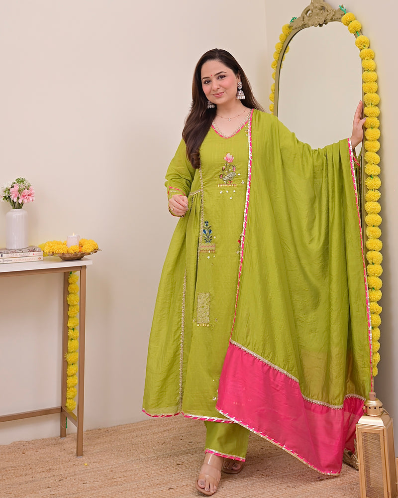 Greenish Yellow Gulzaar A Line Handwork Mul Chanderi Suit