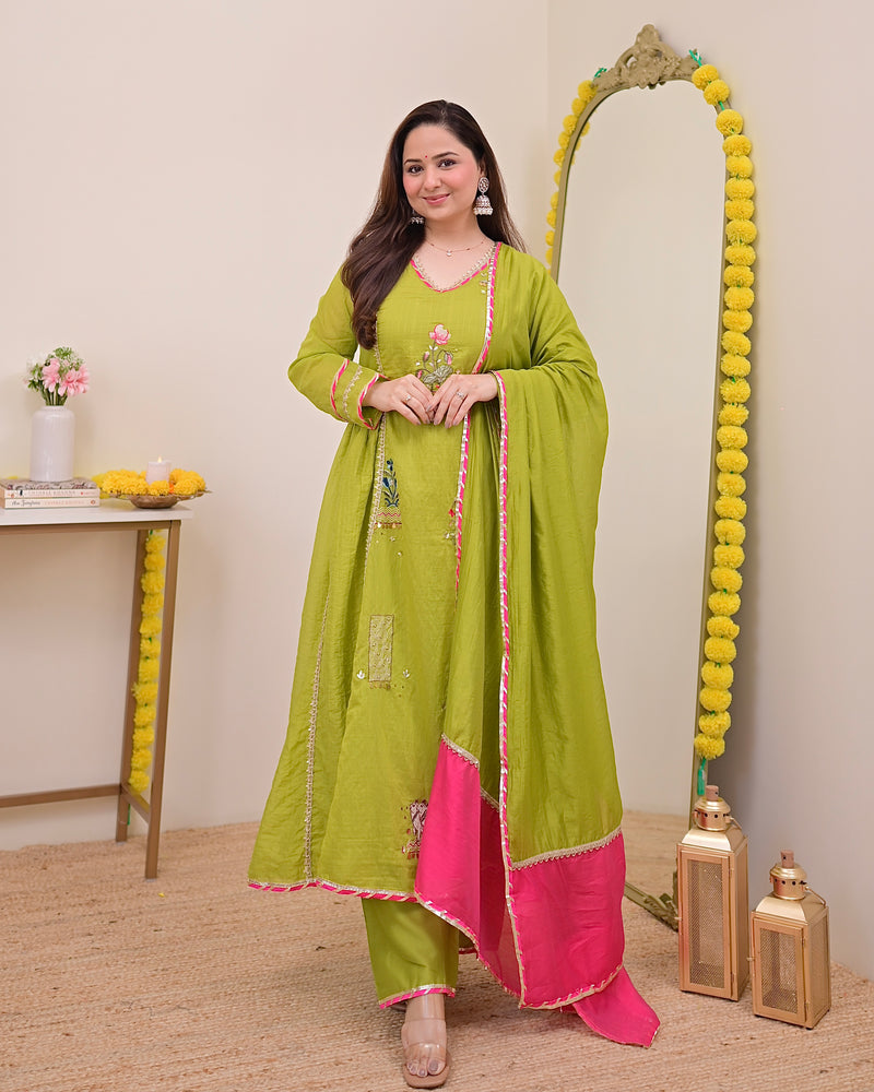Greenish Yellow Gulzaar A Line Handwork Mul Chanderi Suit