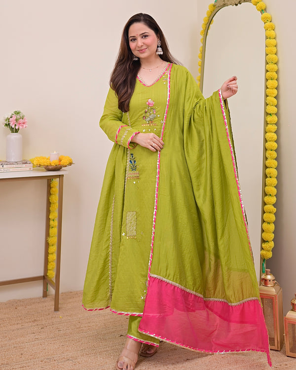 Greenish Yellow Gulzaar A Line Handwork Mul Chanderi Suit