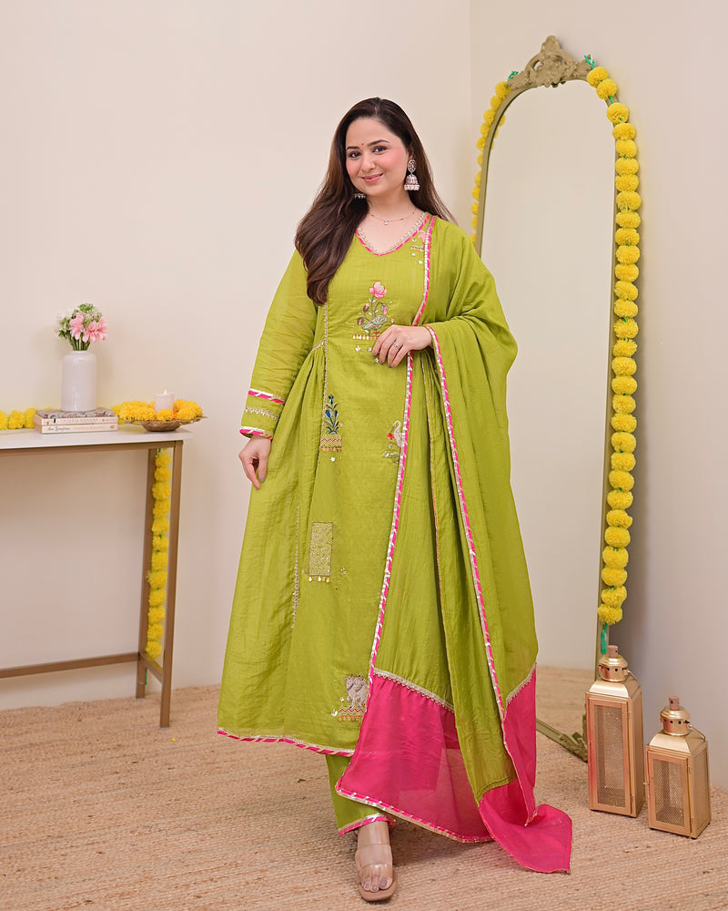 Greenish Yellow Gulzaar A Line Handwork Mul Chanderi Suit