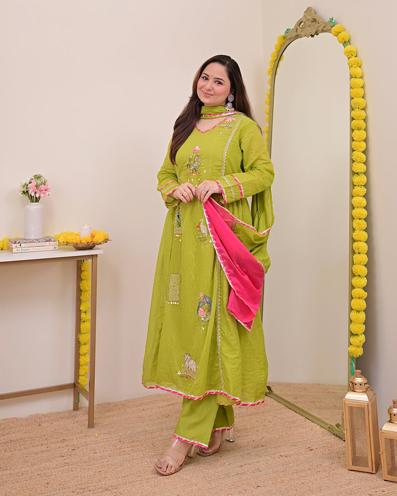 Greenish Yellow Gulzaar A Line Handwork Mul Chanderi Suit