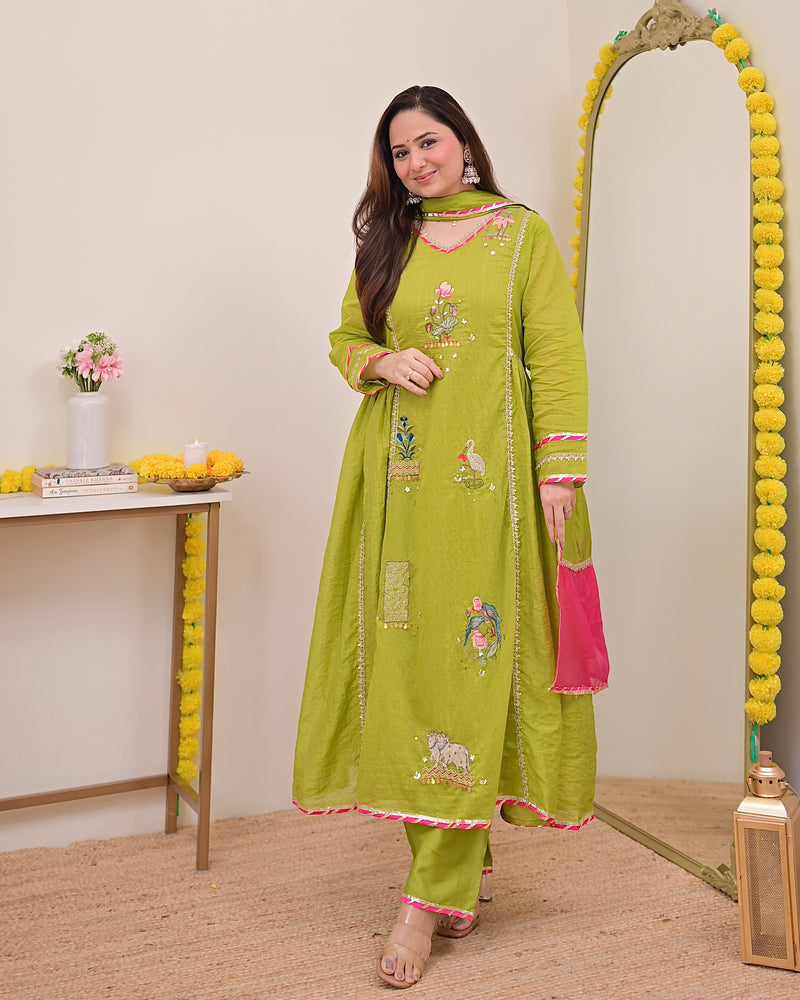 Greenish Yellow Gulzaar A Line Handwork Mul Chanderi Suit