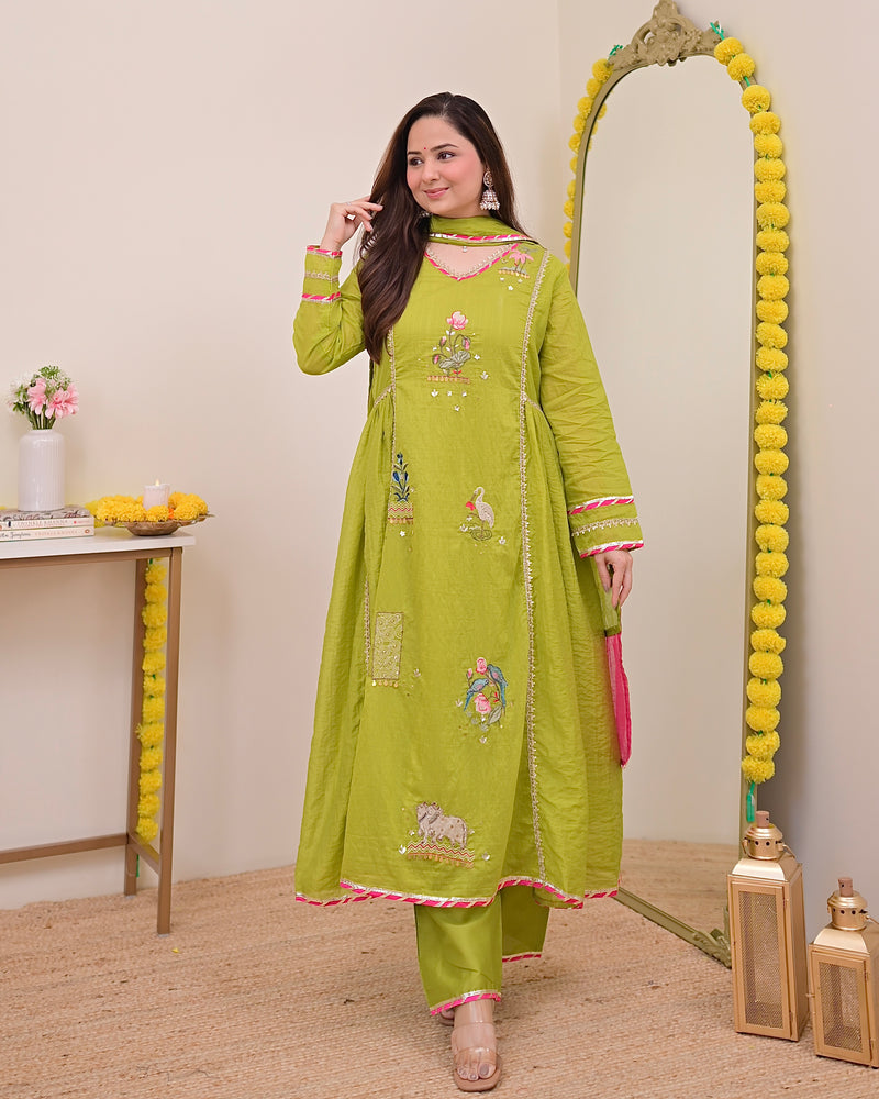 Greenish Yellow Gulzaar A Line Handwork Mul Chanderi Suit