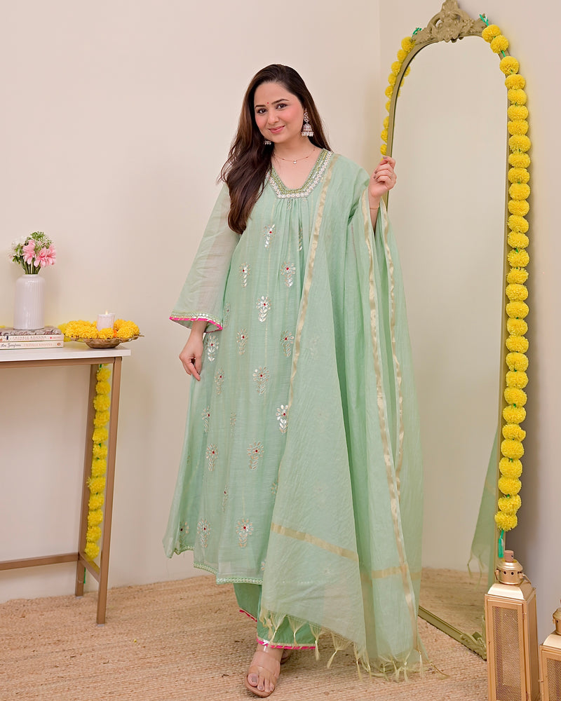 Turquoise Gotapatti Handwork Mul Chanderi A Line Suit