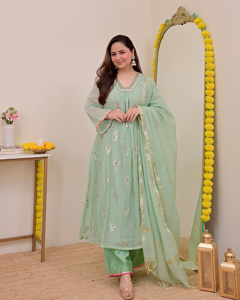 Turquoise Gotapatti Handwork Mul Chanderi A Line Suit