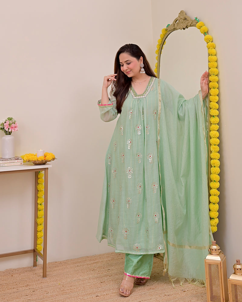 Turquoise Gotapatti Handwork Mul Chanderi A Line Suit