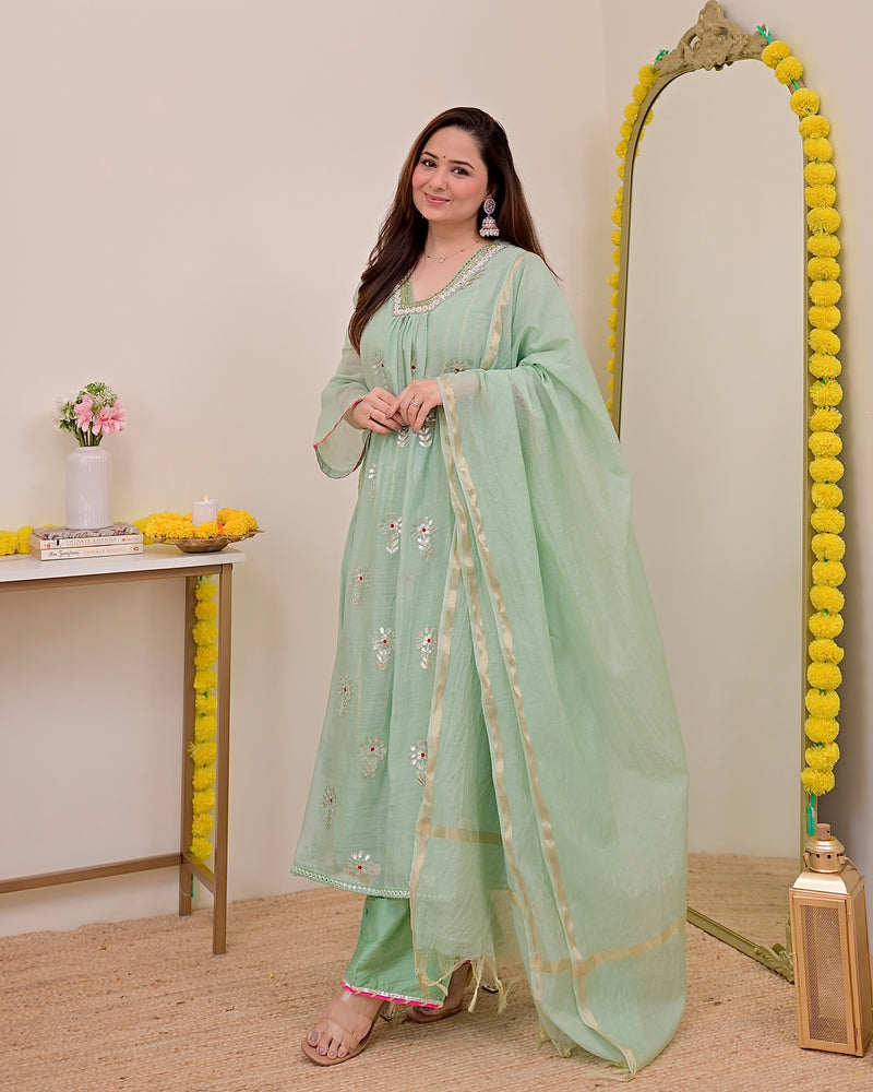 Turquoise Gotapatti Handwork Mul Chanderi A Line Suit