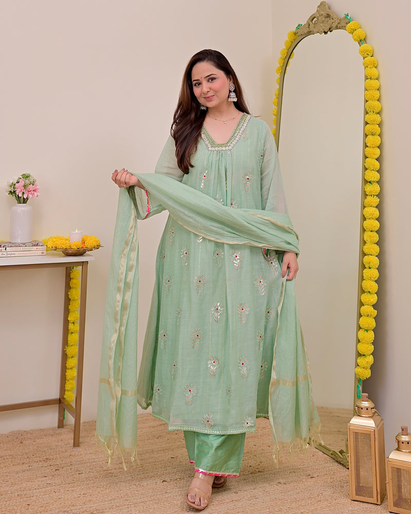 Turquoise Gotapatti Handwork Mul Chanderi A Line Suit