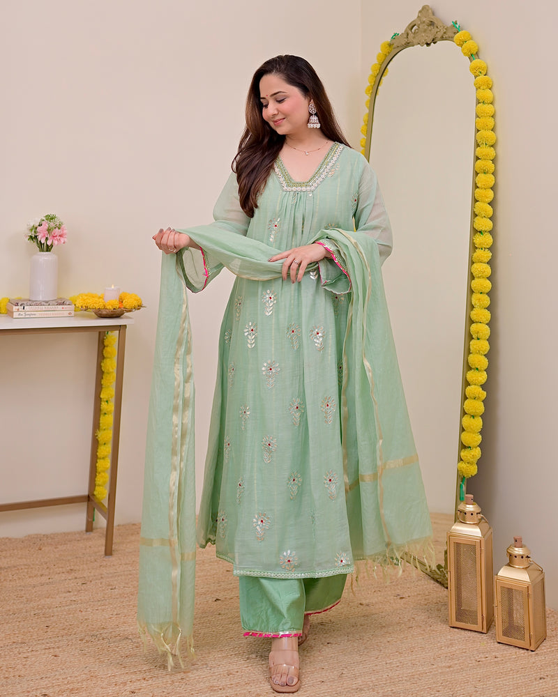 Turquoise Gotapatti Handwork Mul Chanderi A Line Suit