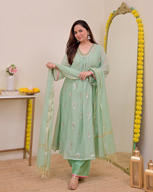 Turquoise Gotapatti Handwork Mul Chanderi A Line Suit