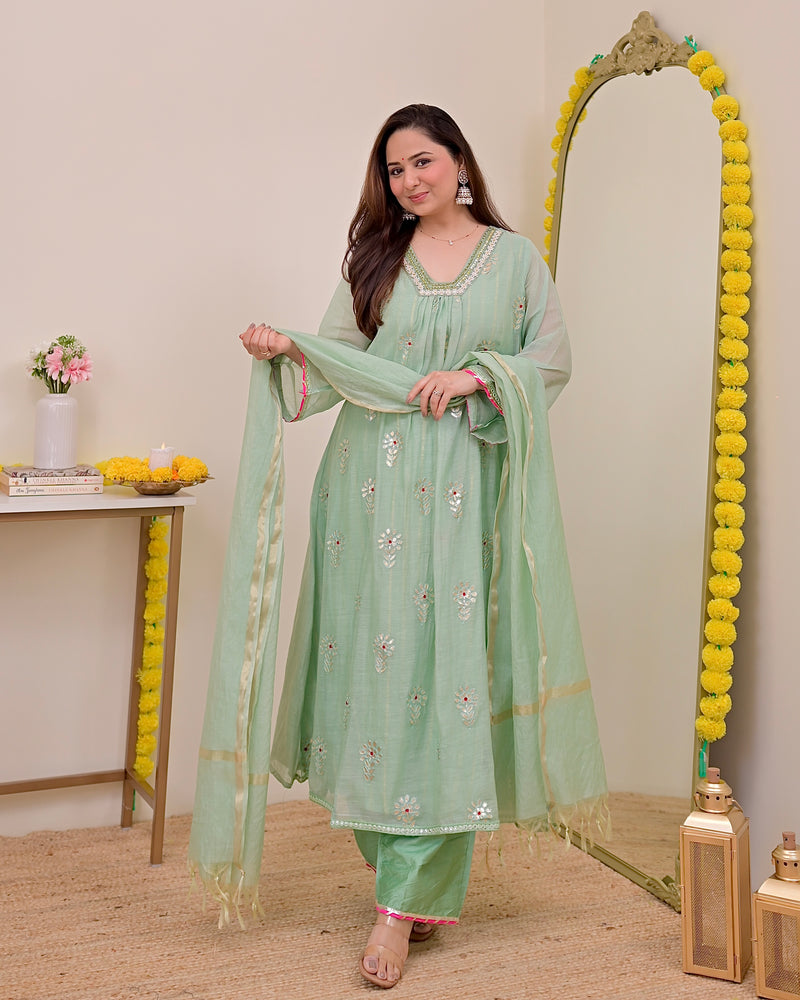 Turquoise Gotapatti Handwork Mul Chanderi A Line Suit