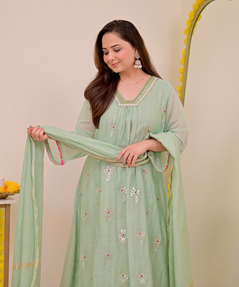 Turquoise Gotapatti Handwork Mul Chanderi A Line Suit