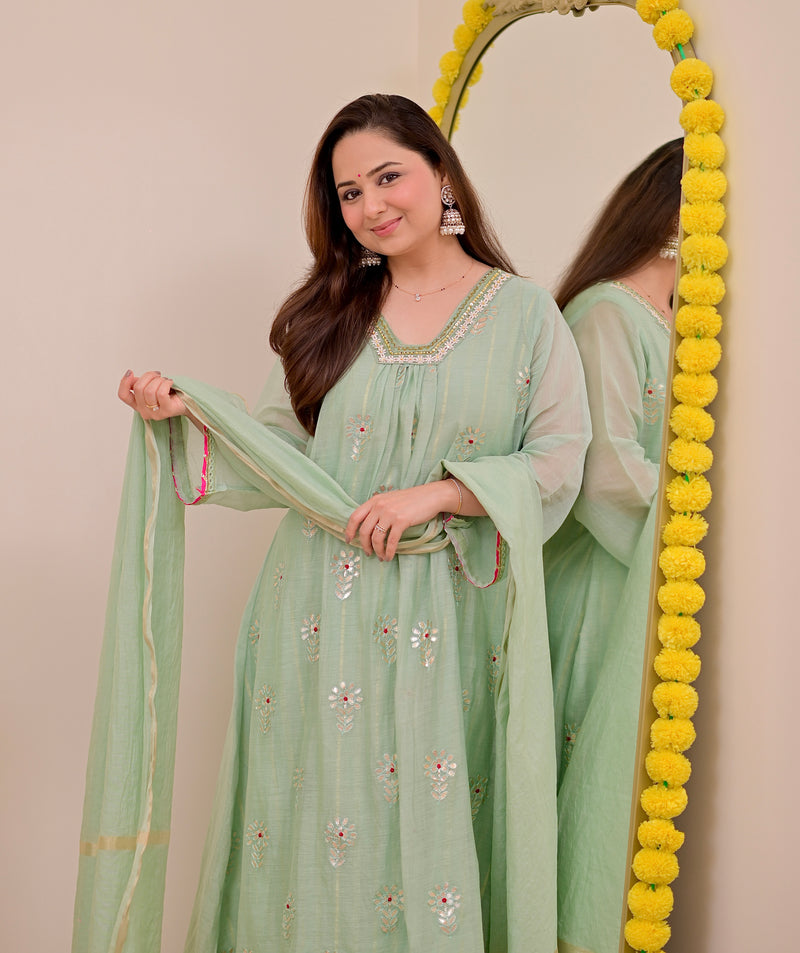 Turquoise Gotapatti Handwork Mul Chanderi A Line Suit