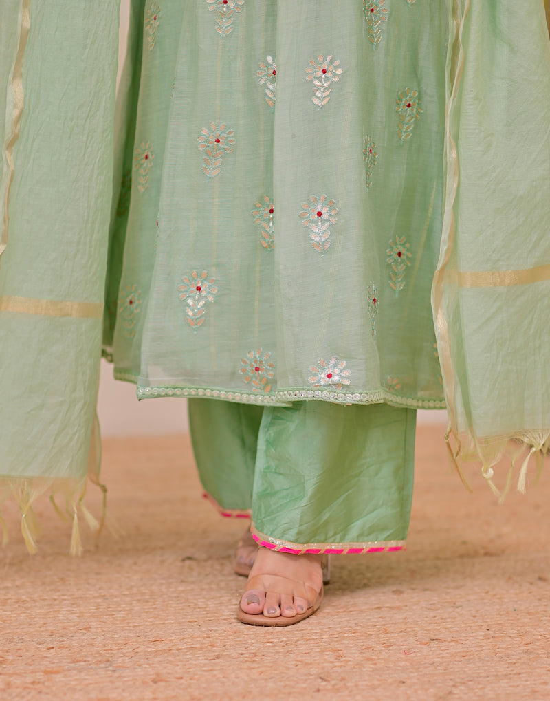 Turquoise Gotapatti Handwork Mul Chanderi A Line Suit