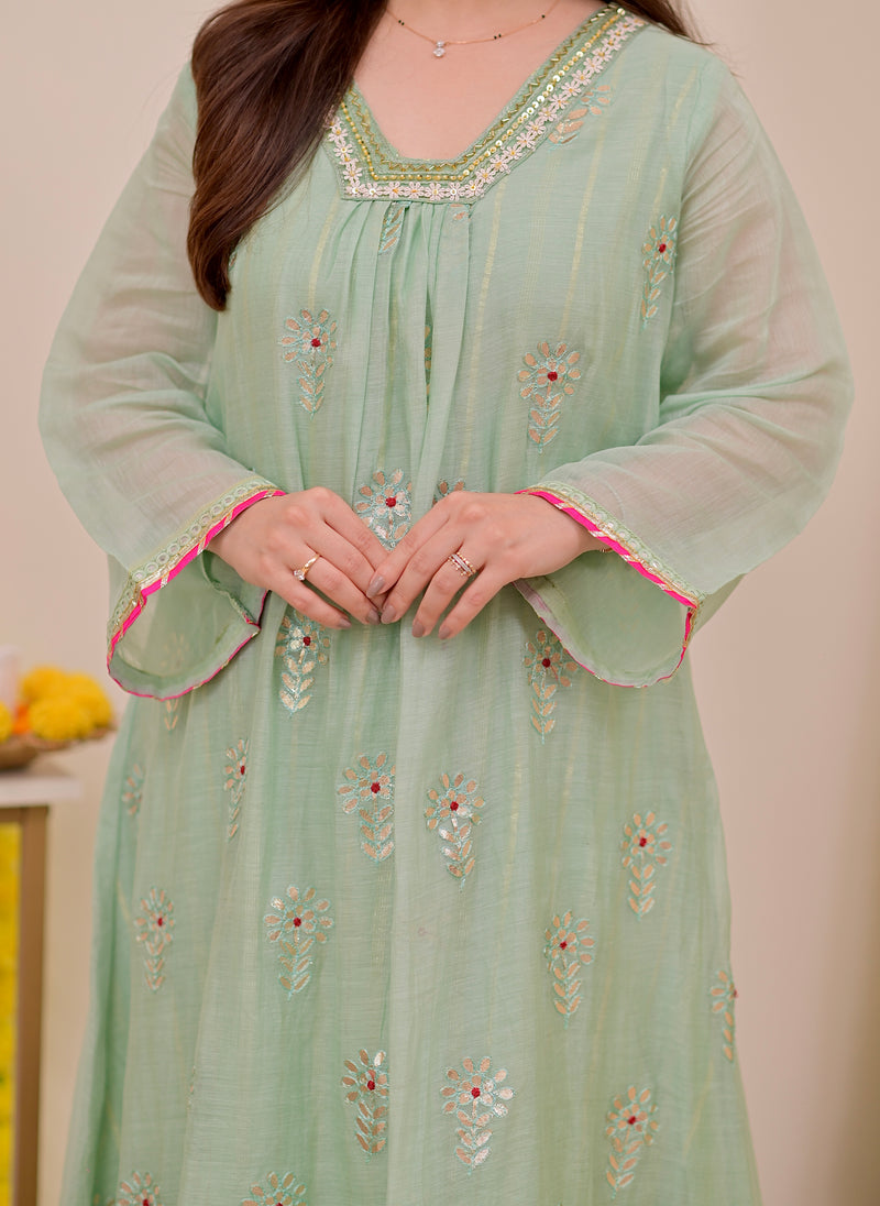 Turquoise Gotapatti Handwork Mul Chanderi A Line Suit