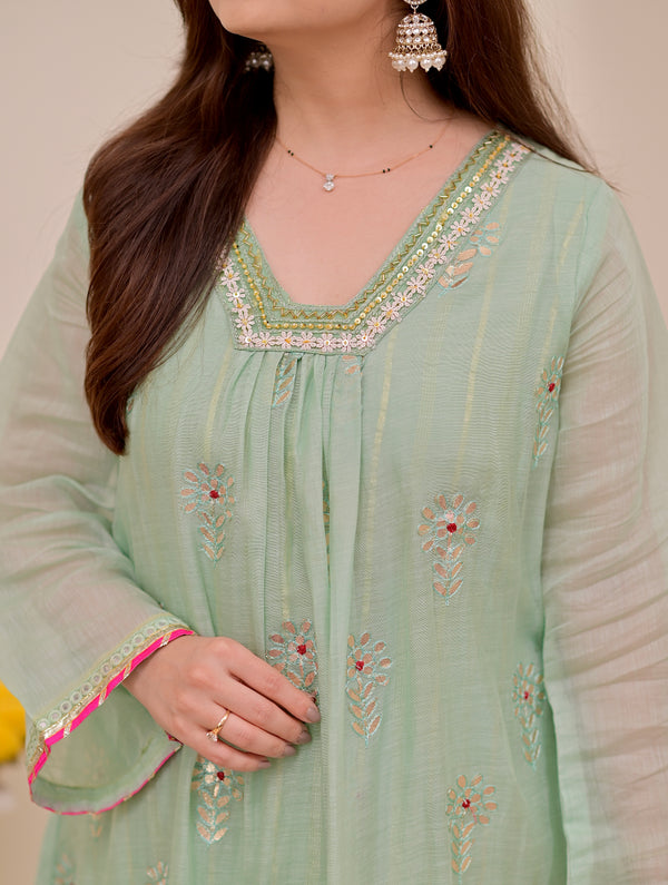 Turquoise Gotapatti Handwork Mul Chanderi A Line Suit